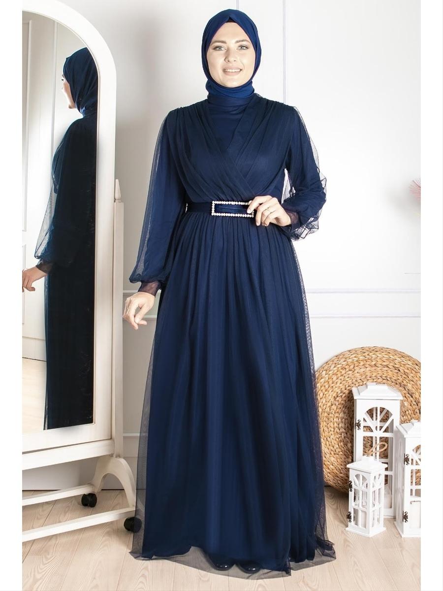 MFA Moda Lacivert Kemer Detaylı Tül Abiye Elbise