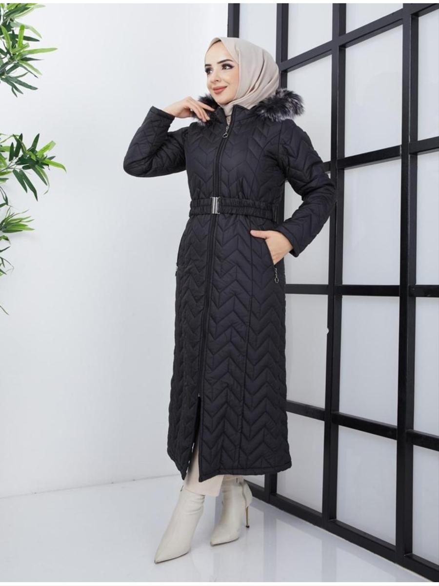 Lurex Moda Siyah Zig Zag Desen Kapitone Mont