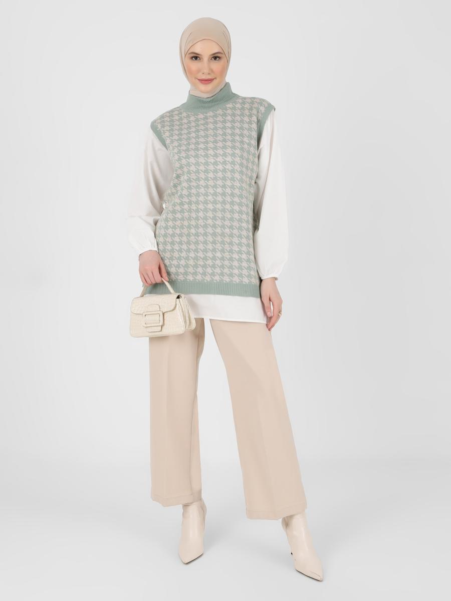 Refka Mint Taş Poplin Garnili Kazayağı Triko Tunik