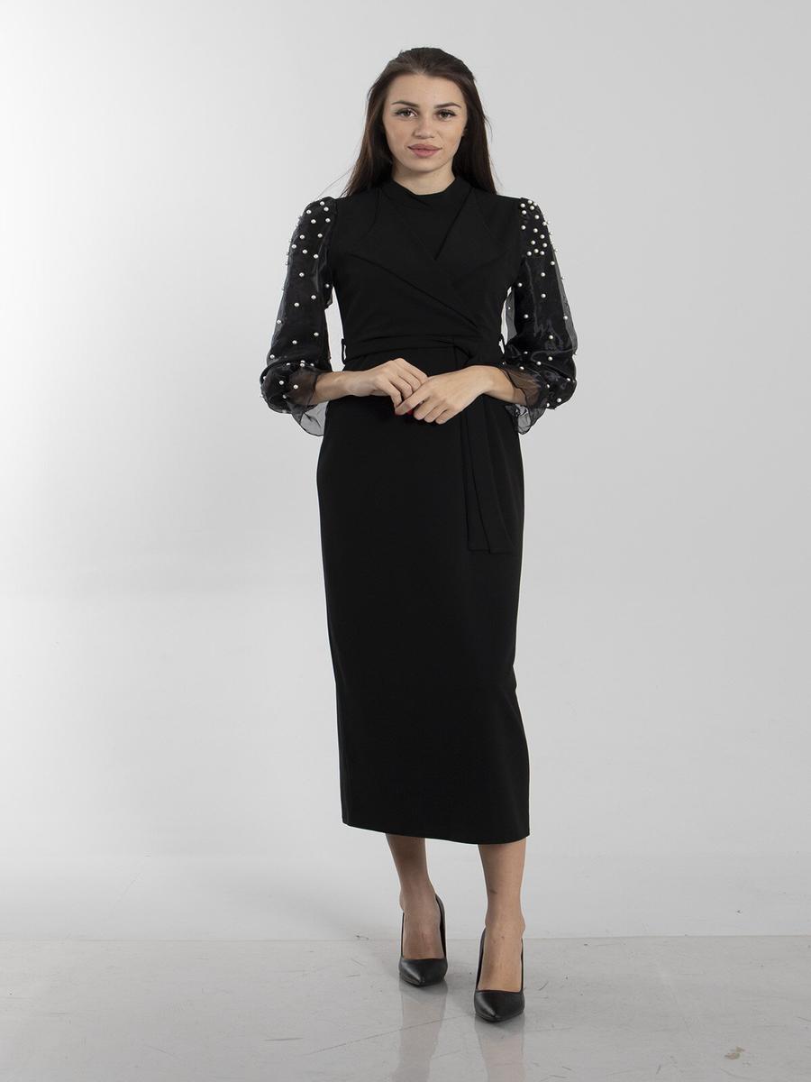 Ardanewline Siyah Organze Kumaş Üzeri İnci Detaylı Krep Elbise