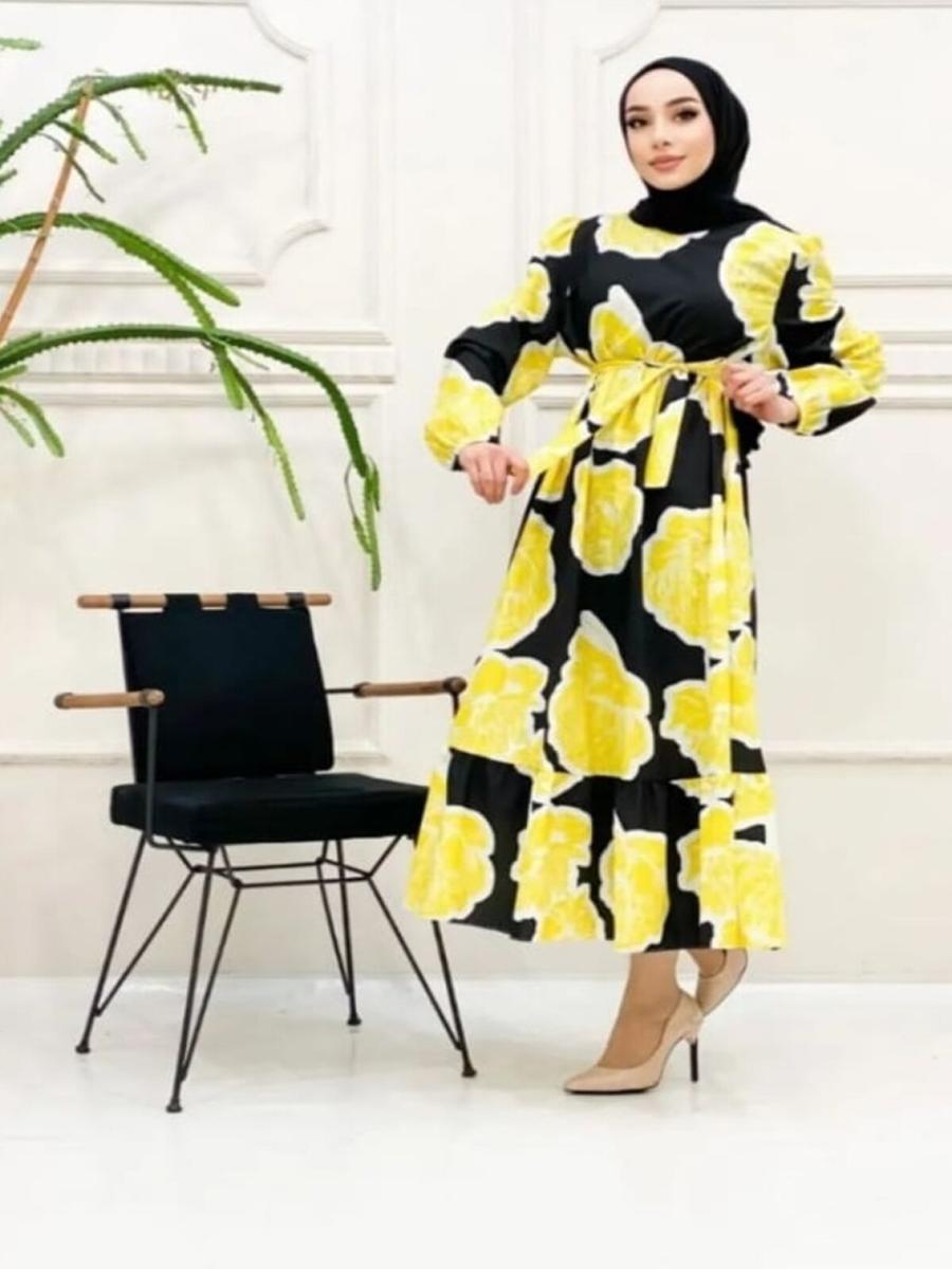 Cng Moda Sarı Mor Kolu Lastikli Kuşaklı Eteği Volanlı Büyük Gül Desen Saten Elbise