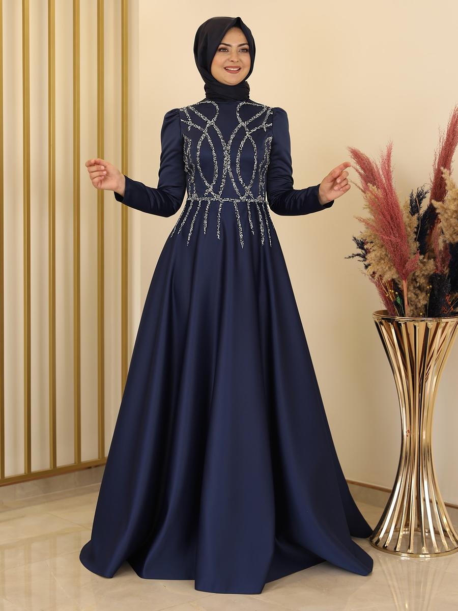 Fashion Showcase Design Lacivert Zen Saten Abiye Elbise