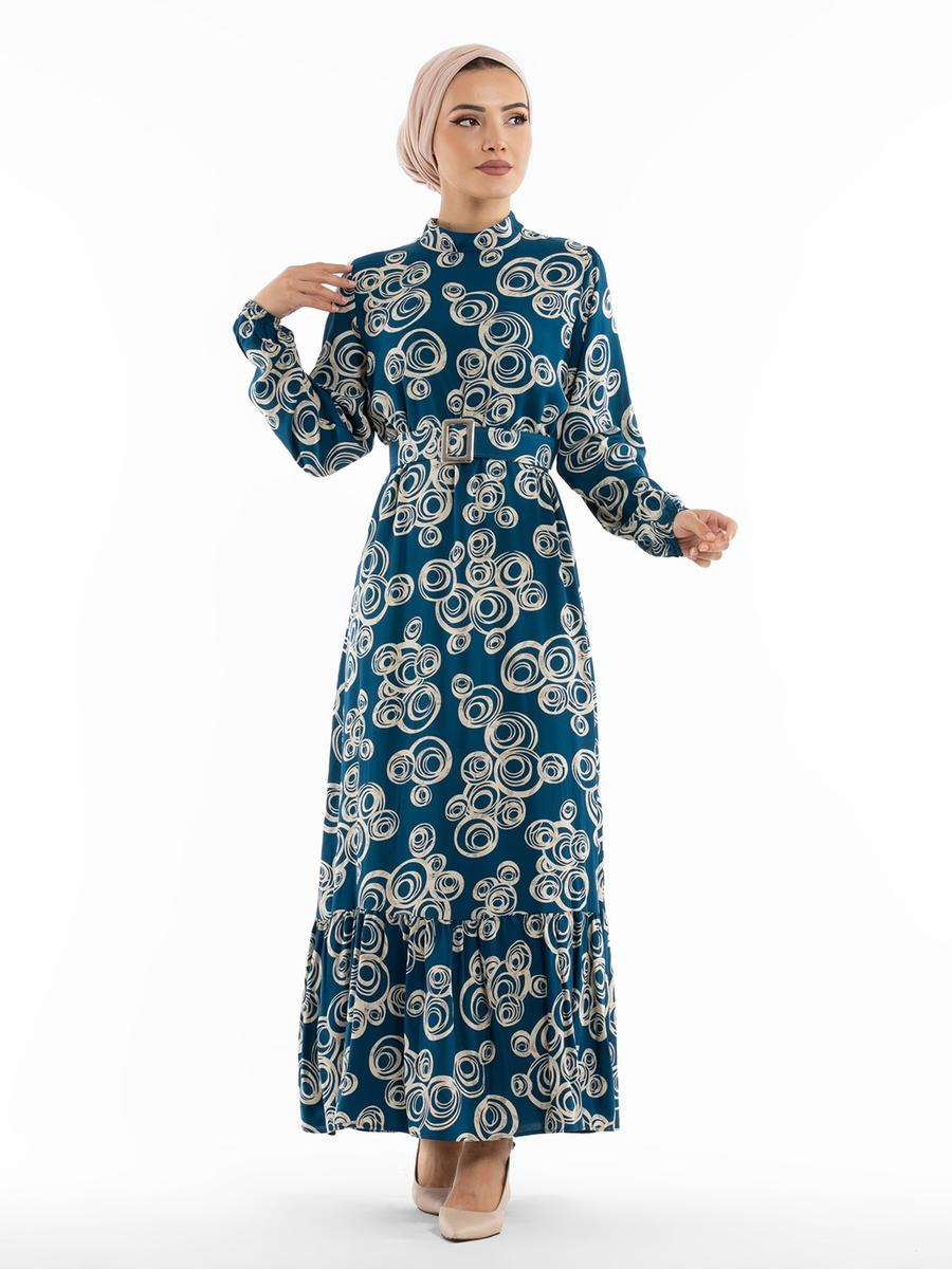 Sevit-Li İndigo Kemer Detaylı Desenli Elbise