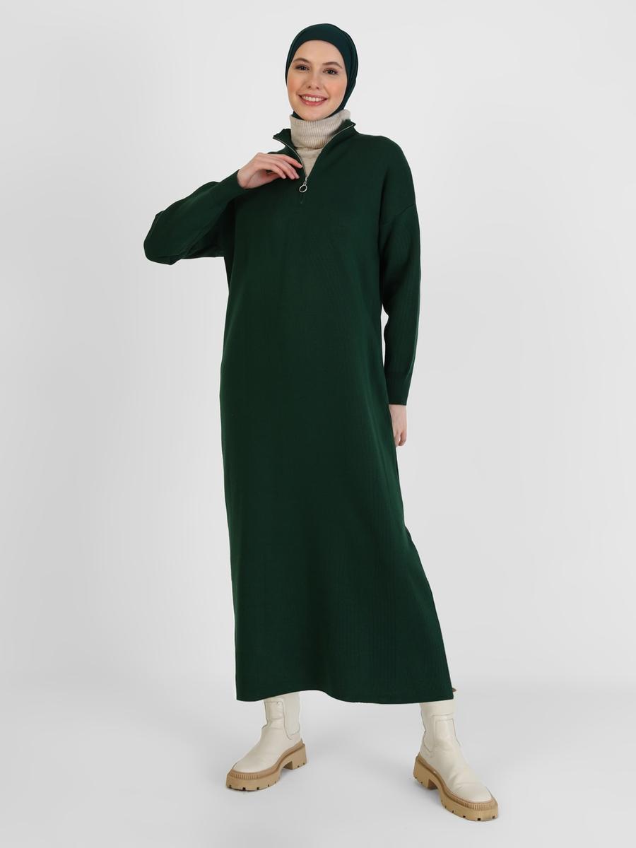 Refka Zümrüt Yeşili Yakası Fermuarlı Triko Elbise