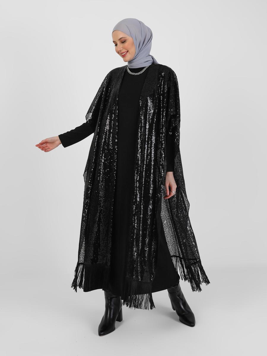 Refka Siyah Pullu Elbise & Ferace İkili Abiye Takım