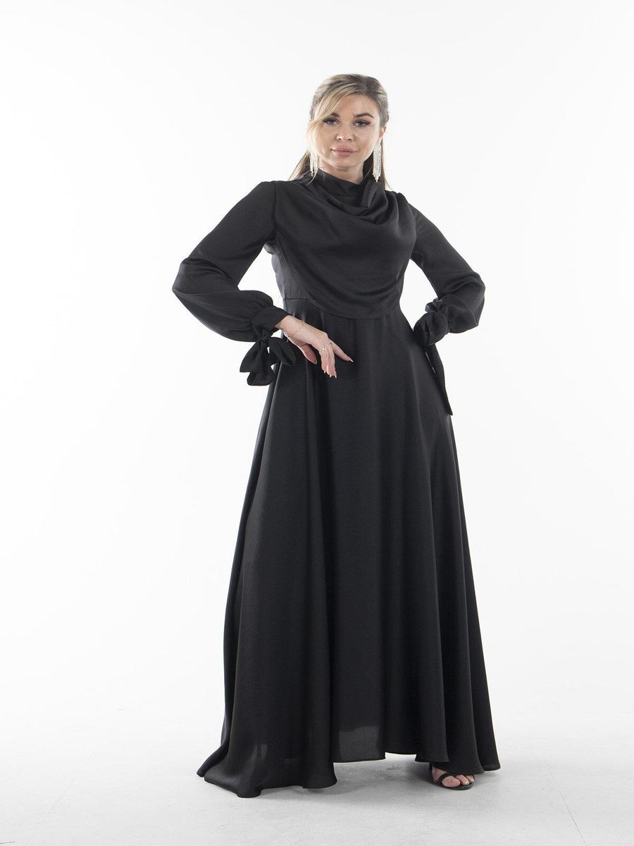 Ardanewline Siyah Uzun Kol Önü Dökümlü Kloş Abiye Elbise