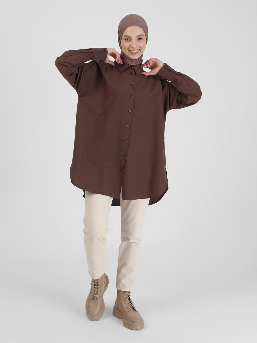 Refka Acı Kahve Yanları Yırtmaçlı Oversize Poplin Tunik