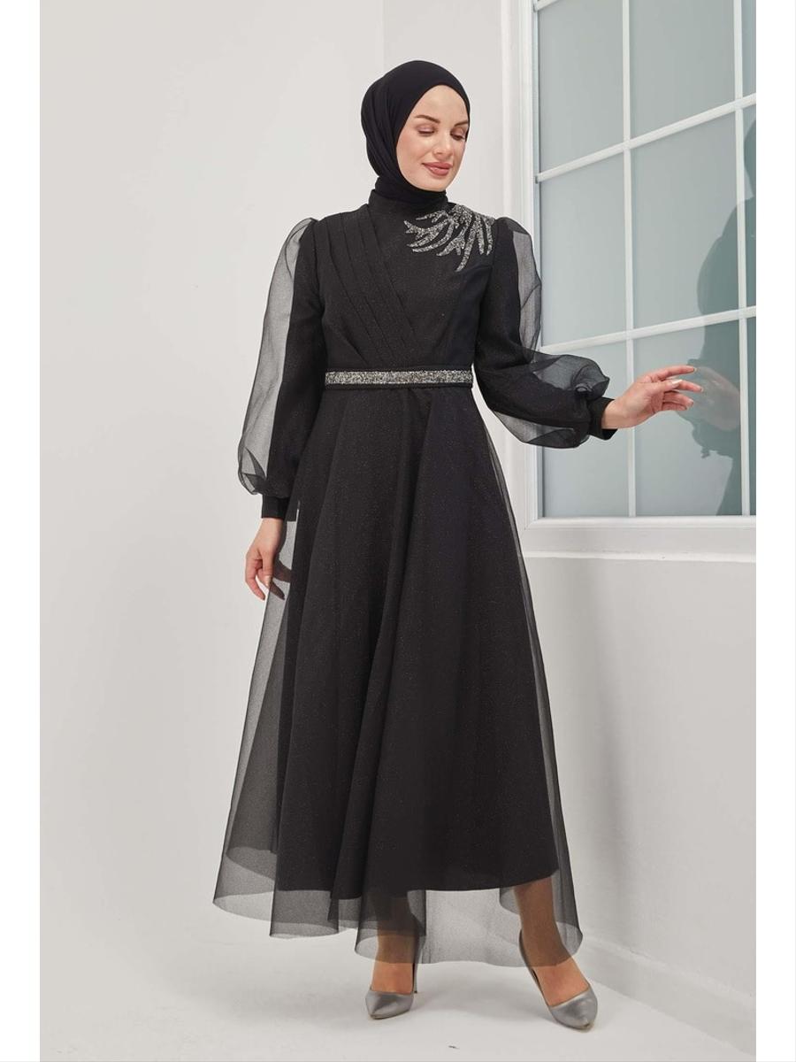 Moda Echer Siyah Simli Tül Kumaş Taş İşleme Detaylı Abiye Elbise