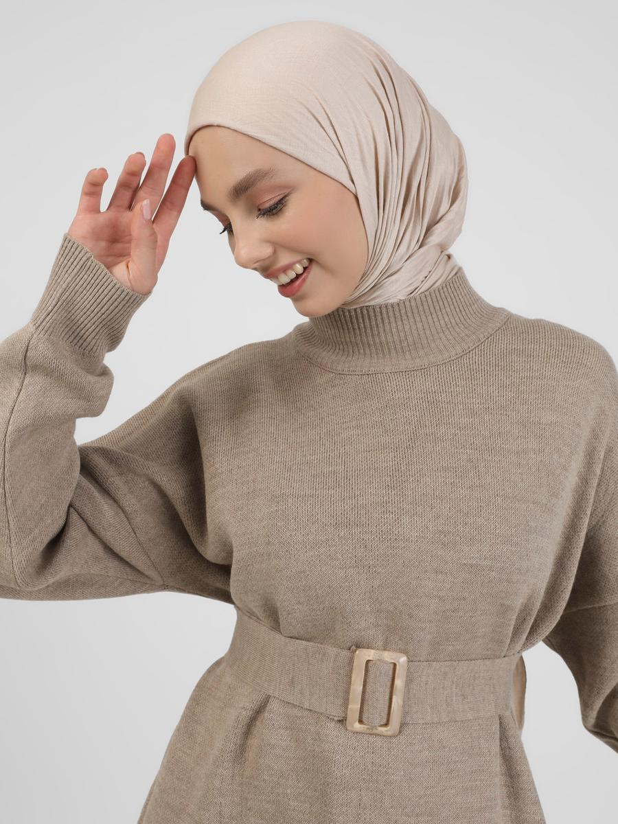 Benin Vizon Dik Yaka Kemerli Triko Tunik