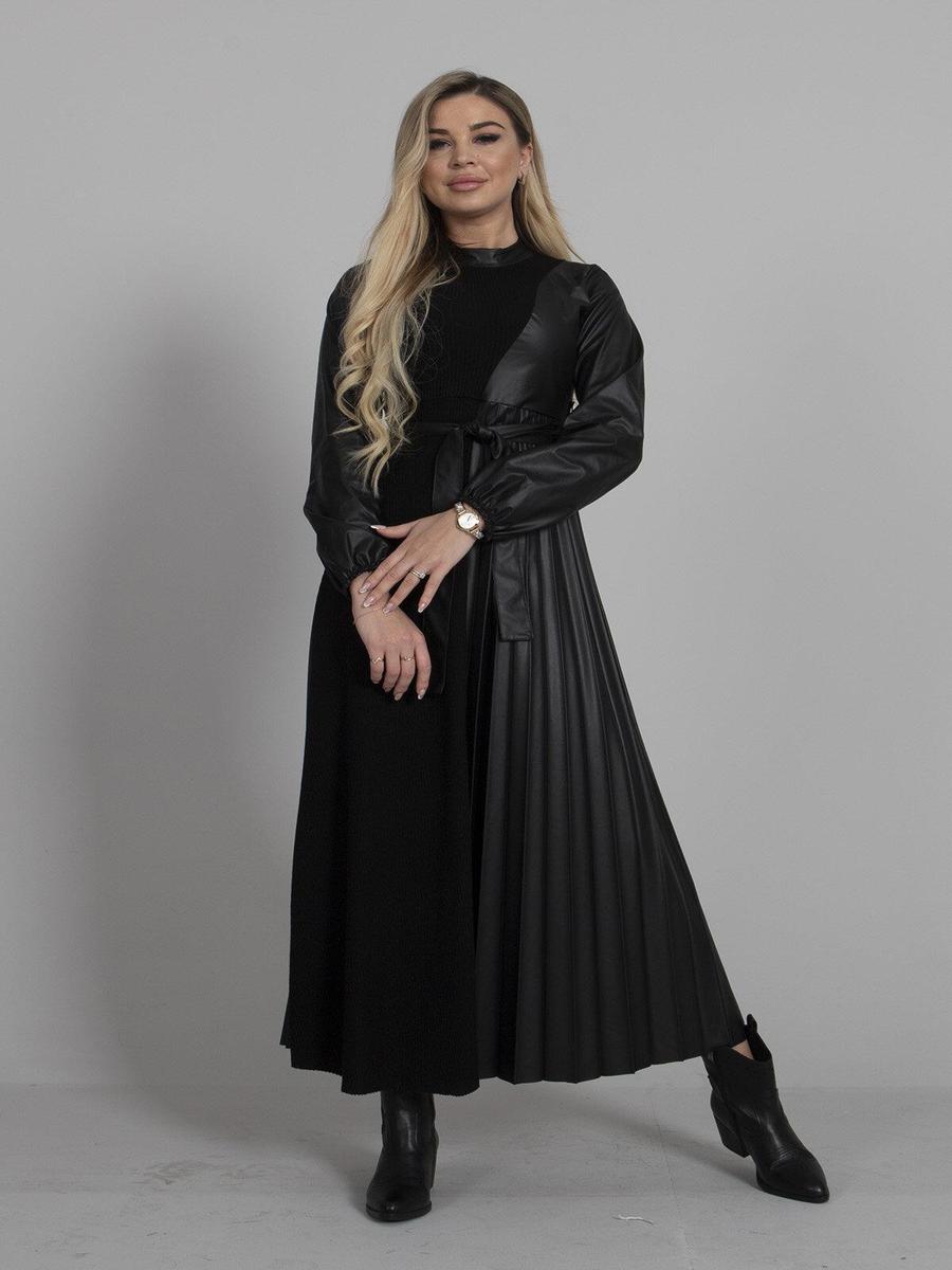 Ardanewline Siyah Yanı Triko Detaylı Piliseli Deri Elbise