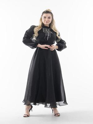 Ardanewline Siyah Uzun Kol İşlemeli Ve Drape Detaylı Abiye Elbise