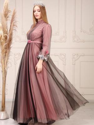 Sew&Design Nakışlı Çiçekli Prenses Abiye Elbise Siyah Pudra