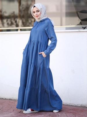 Neways Koyu Mavi Kapüşonlu Tensel Kumaş Elbise