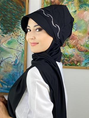 BUTİK AMBAR Siyah Taşlı Toka Detaylı Atkılı Şapka