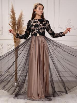 Sew&Design Pul İşlemeli Kemerli Tül Abiye Elbise Ten Siyah Çiçek
