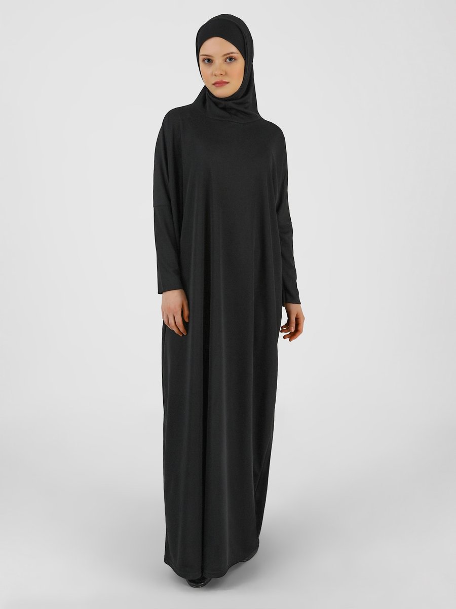 SAYIN TESETTÜR - LİVALDİ Siyah Sade Kapüşonlu Namaz Elbisesi