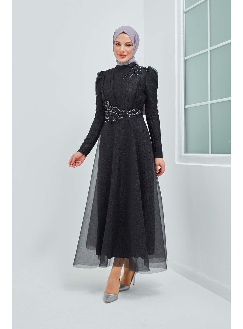 Moda Echer Siyah Simli Tül Kumaş Taş İşleme Detaylı Abiye Elbise
