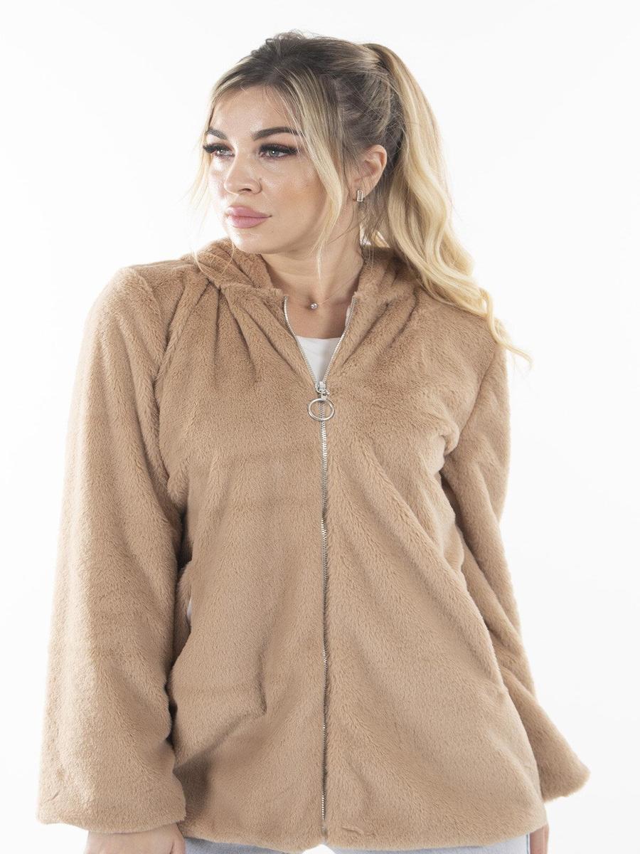 Ardanewline Camel Fermuarlı Oversize Kapüşonlu Çift Cepli Peluş Mont