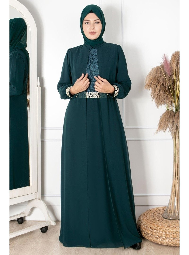 MFA Moda Şifon Dantel Detaylı Büyük Beden Abiye Elbise Zümrüt