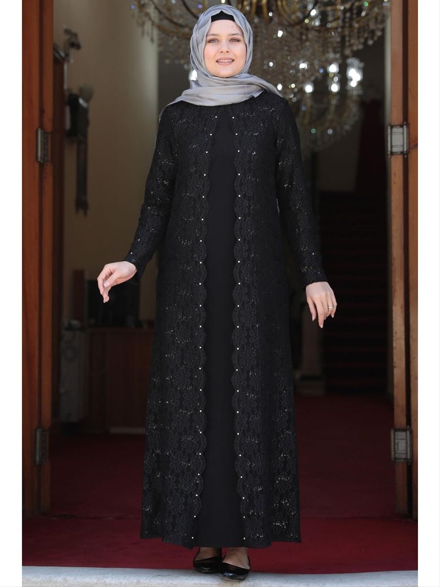 Amine Hüma Siyah Papatya Abiye Elbise