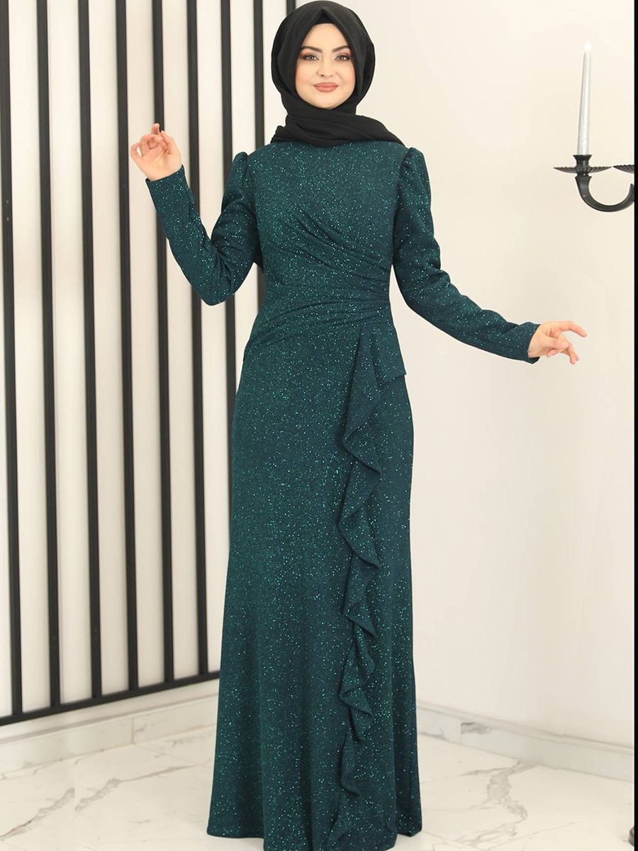 Fashion Showcase Design Zümrüt Yeşili Eteği Volan Asil Abiye Elbise
