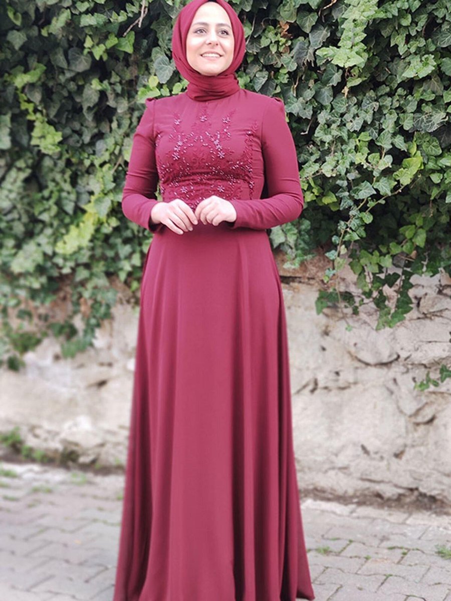 Moda Rosa Panolu Dantelli Bordo Abiye Elbise