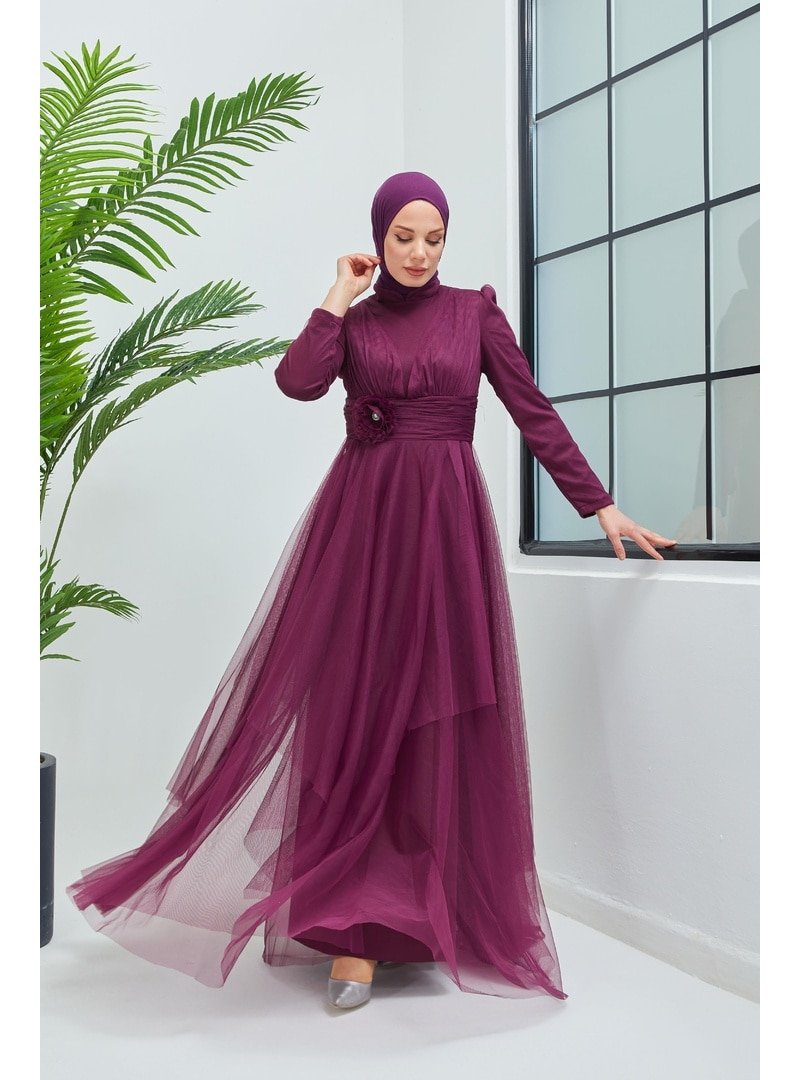 Moda Echer Mürdüm Gül Görsel Detaylı Tesetür Abiye Elbise