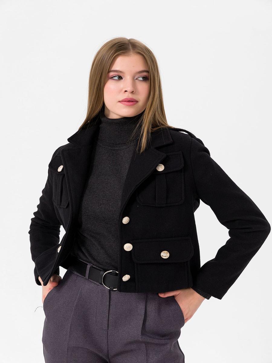butikburuc Siyah Cep Detaylı Kaşe Kısa Mont