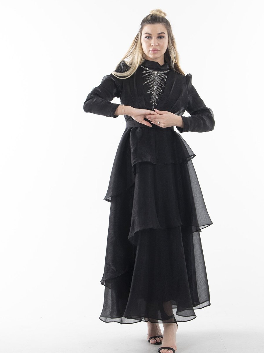 Ardanewline Siyah Uzun Kol Drape Ve İşleme Detaylı Abiye Elbise