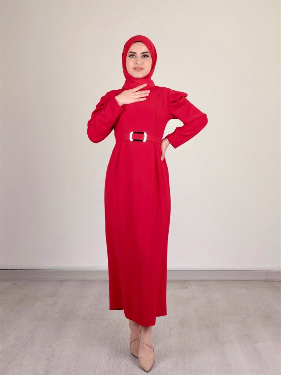 Ensa Tesettür Kırmızı Pot Detaylı Kemerli Elbise