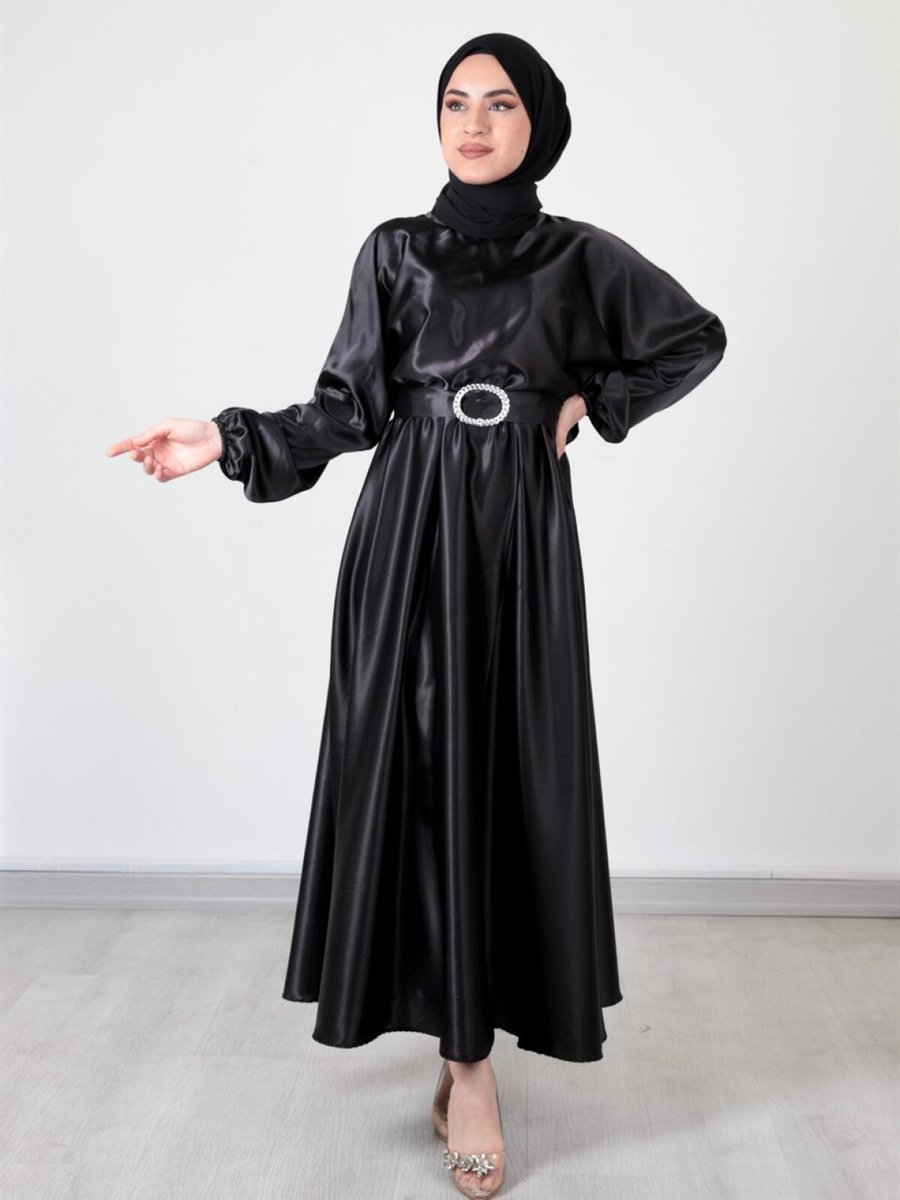 Ensa Tesettür Alya Saten Siyah Abiye Elbise
