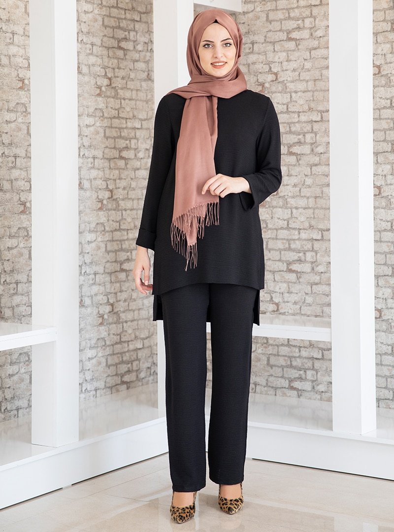 Fashion Showcase Design Siyah Ayda Tunik & Pantolon İkili Abiye Takım