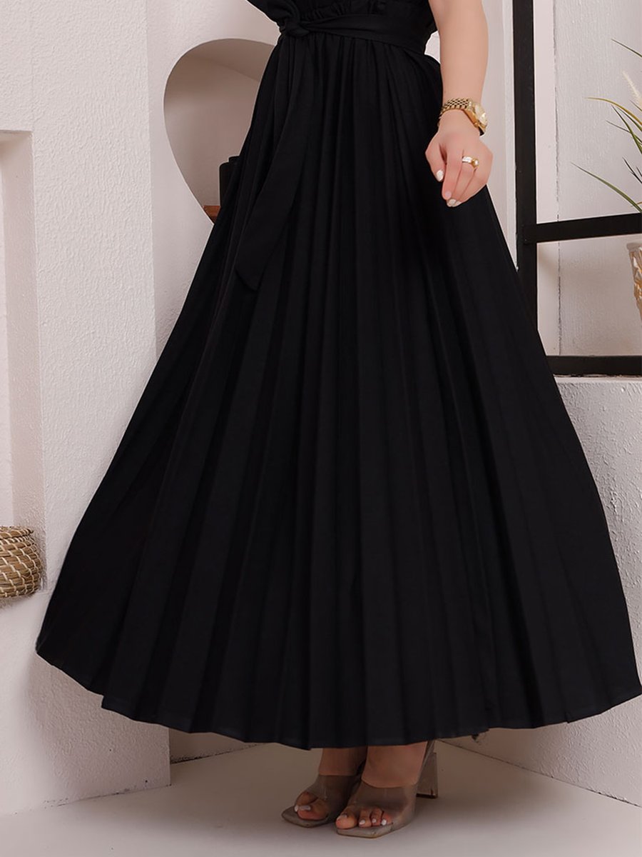 Burcu Fashion Siyah Kuşak Detaylı Piliseli Etek