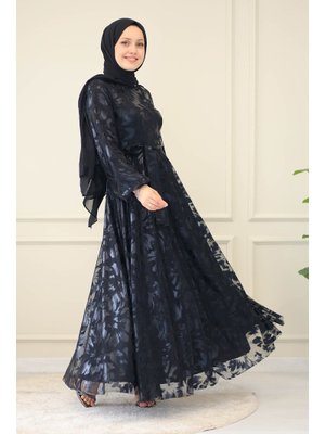SARETEX Siyah Fırça Desenli Kuşaklı Elbise