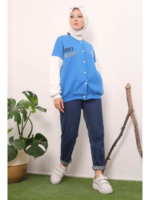 İmaj Butik Saks Baskılı Çıtçıtlı Üç İplik Şardonlu Kolej Mont
