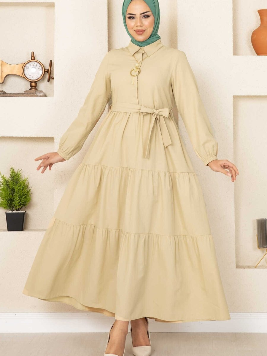 Cng Moda Bej Fırfırlı Elbise