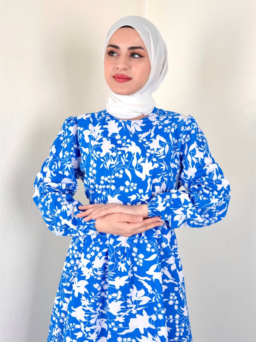 Ensa Tesettür Yaprak Desen Kampanyalı Mavi Elbise