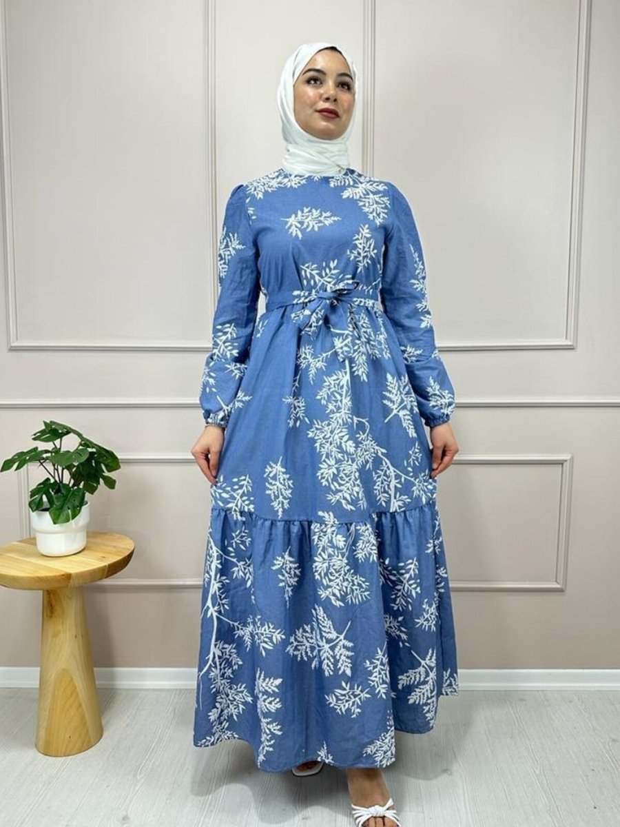 Cng Moda Mavi Alaçatı Model Kuşaklı Elbise