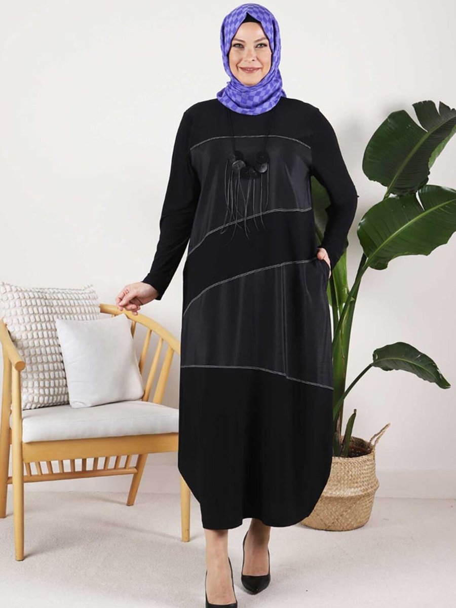 Moda Rosa Siyah Büyük Beden Sandy Kolyeli Elbise