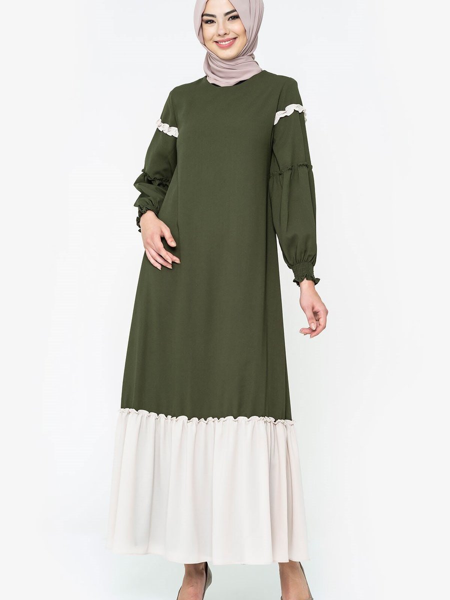 Beyza Haki / Bej İki Renkli Elbise