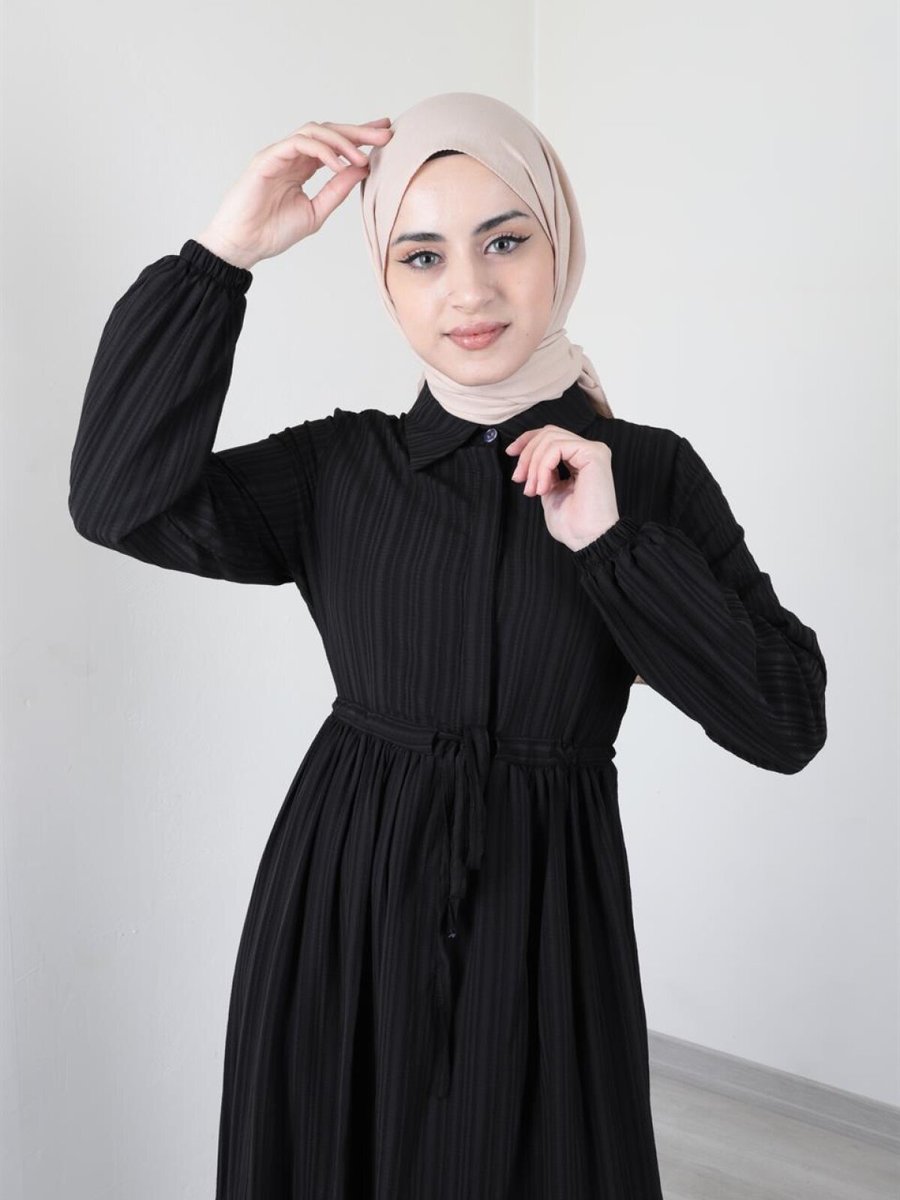 Ensa Tesettür Asya Bürümcük Siyah Elbise