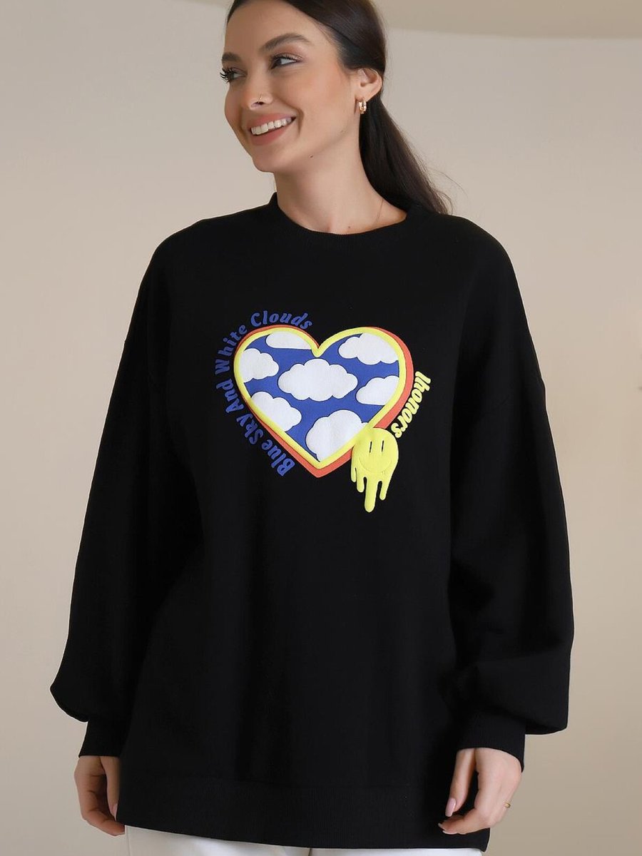 SOUL Siyah Kalp Detaylı Sweatshirt