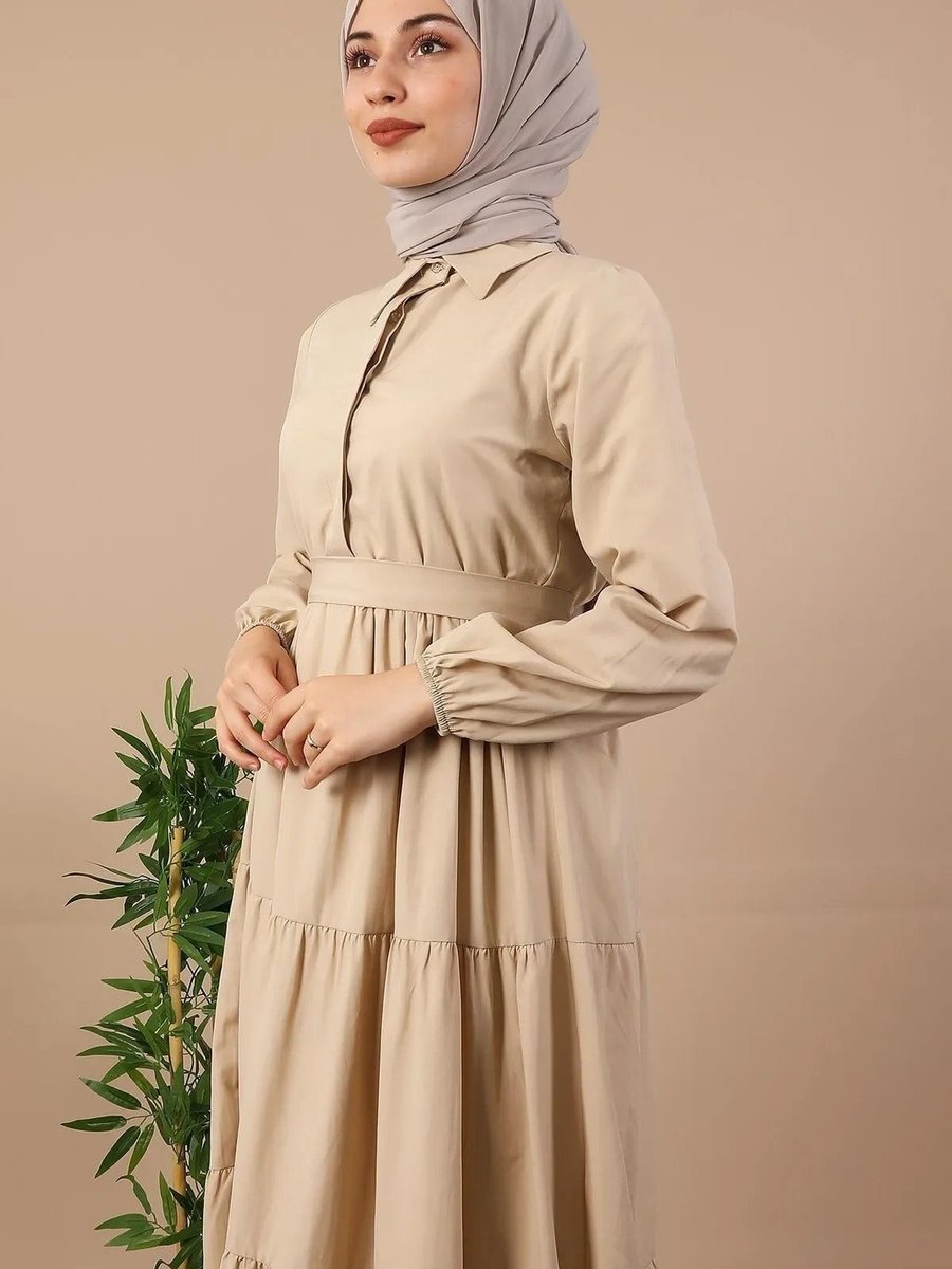 Cng Moda Bej Standart Düğmeli Elbise