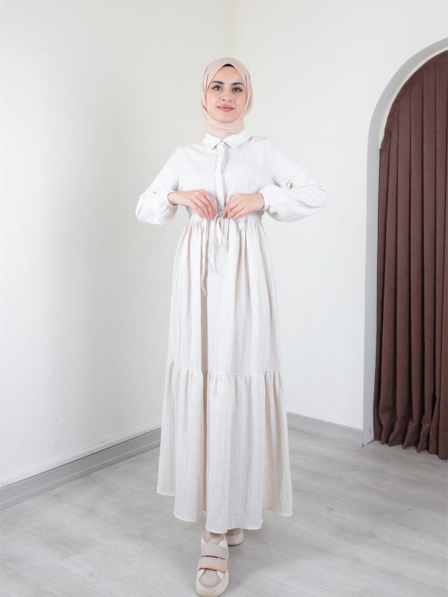 Ensa Tesettür Asya Bürümcük Beyaz Elbise