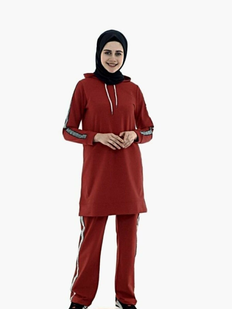 Cng Moda Koyu Kırmızı Kolu Şeritli Eşofman Takım