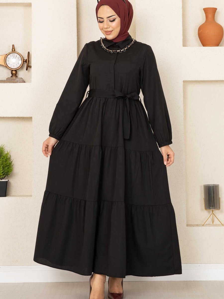 Cng Moda Siyah Fırfırlı Elbise