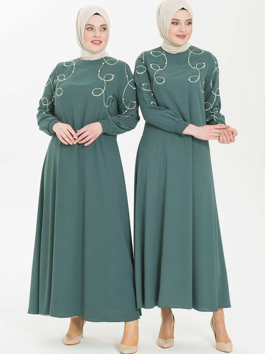 Beyza Mint Yeşil Nakış Ve İnci Detaylı Elbise