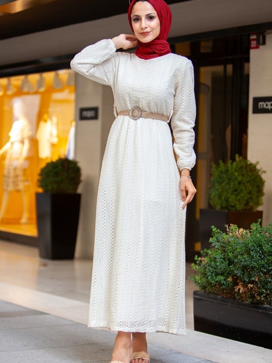 Cng Moda Ekru Danteli Astarlı Hasır Kemerli Elbise