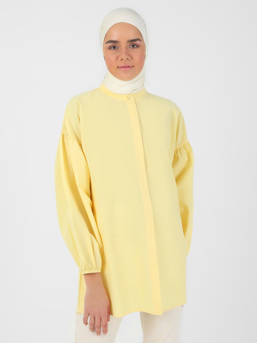 Refka Sarı Balon Kollu Boydan Düğmeli Poplin Tunik