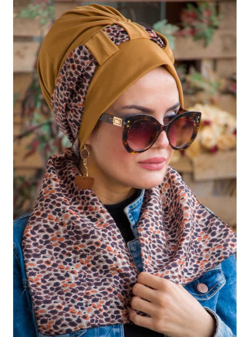 AİŞE TESETTÜR Fularlı Bone Camel Leopar